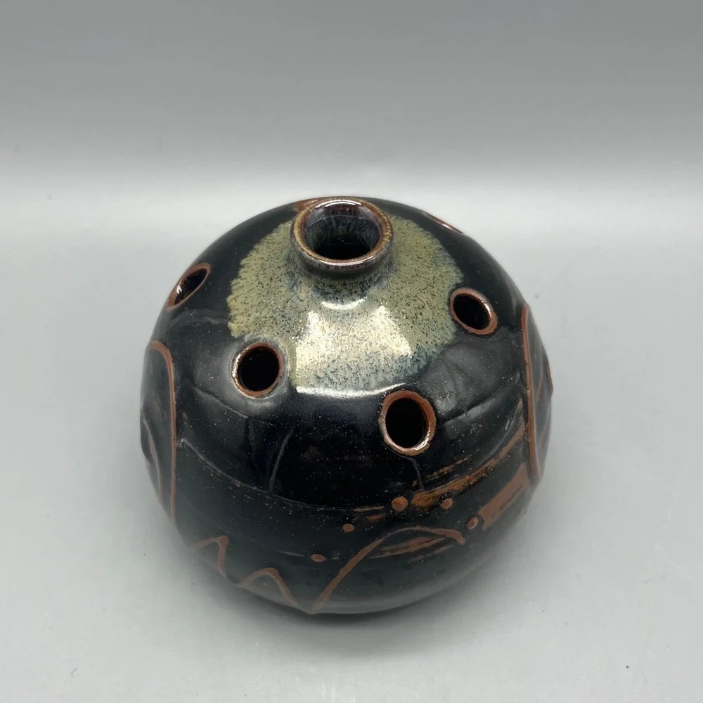 Marlow Signed Studio Pottery Flower Frog‎ Vase Black Brown Glazed Orb Ceramic